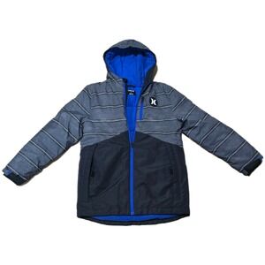 Hurley Boys Insulated Hooded Jacket Gray Stripe Black Blue Size L